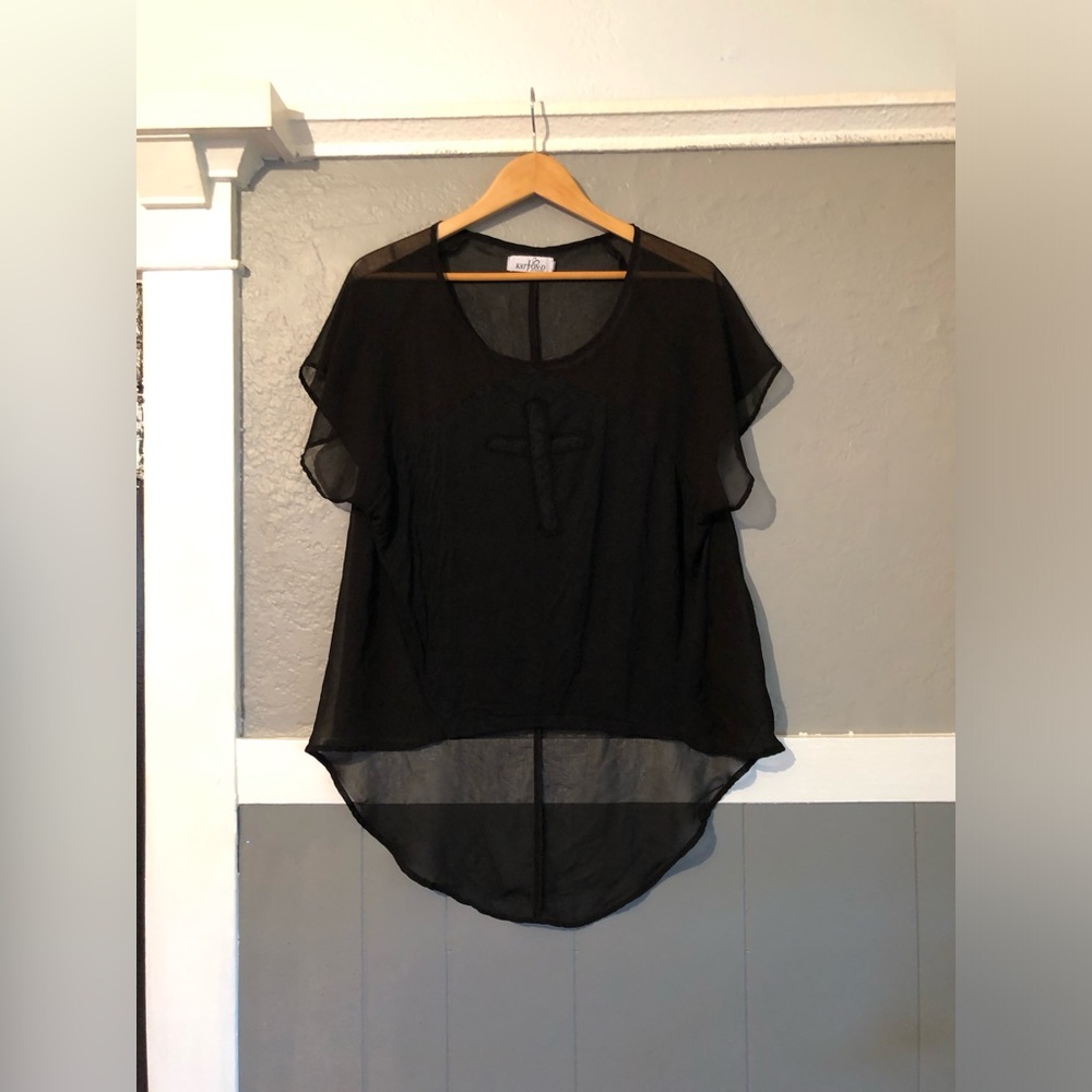 Kat Von D Black Sheer High Low Black Cross Top | Preowned Medium Goth